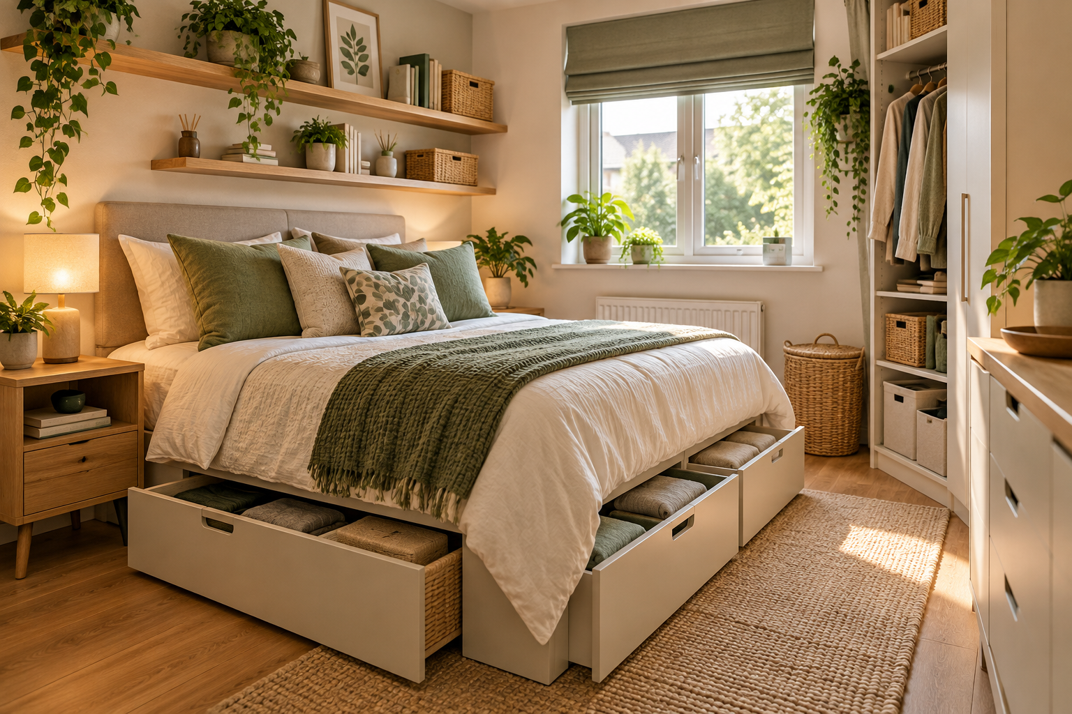Small bedroom with under-bed drawers, shelving and storage baskets