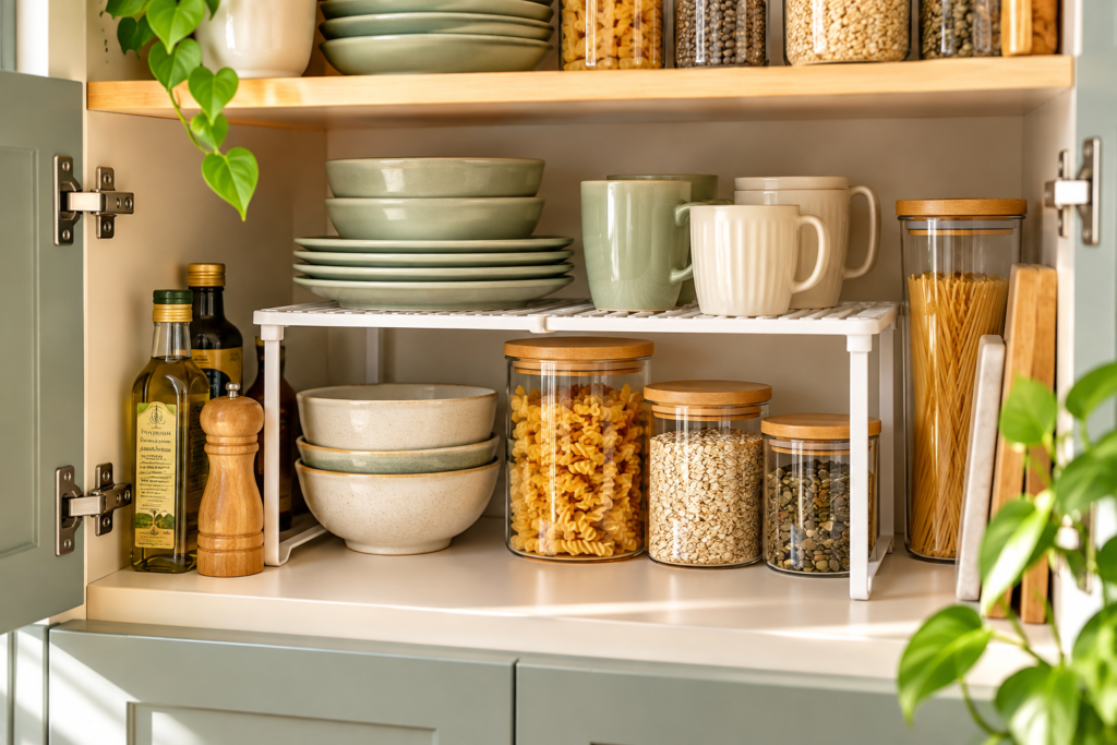 Illustration of stackable shelves organising plates and cups inside a kitchen cupboard