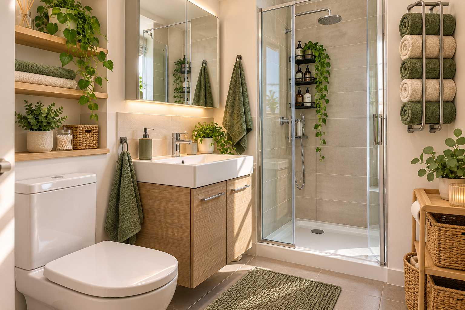 Small bathroom with space-saving storage ideas including shelves, baskets and a wall-mounted towel rack